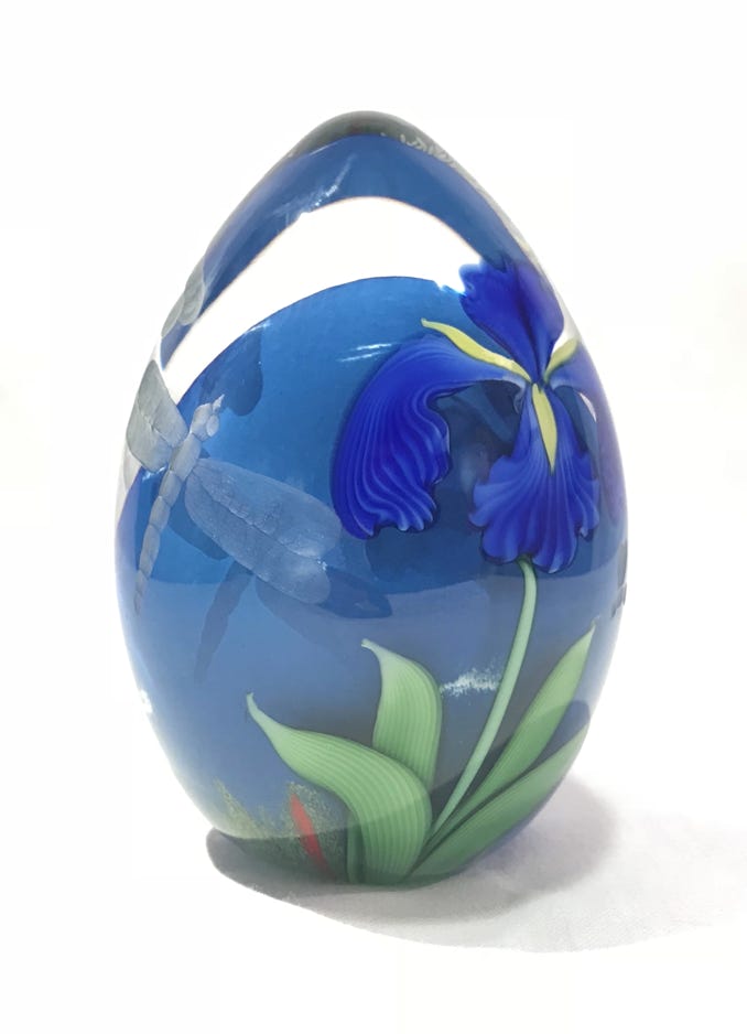 Chris Sherwin Iris Egg with Dragonflies and Bees Paperweight Collection 2016 Sculpted glass, acid etched with torchwork