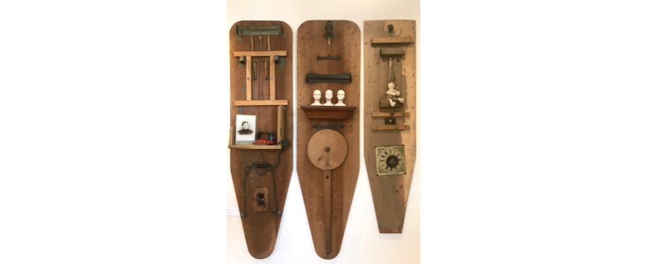 Sloane Dawson
The Sweat Shop (Triptych): The Boss, The “Girls”, The Timekeeper
2018
Found object assemblage
41 x 55 x 8 in