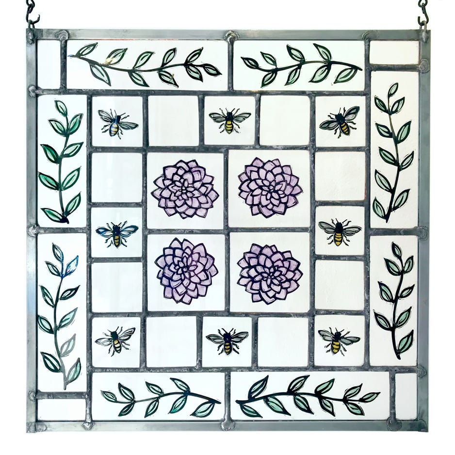 Clare Adams, Dalias & Bees, 2020, Stained and enameled glass 