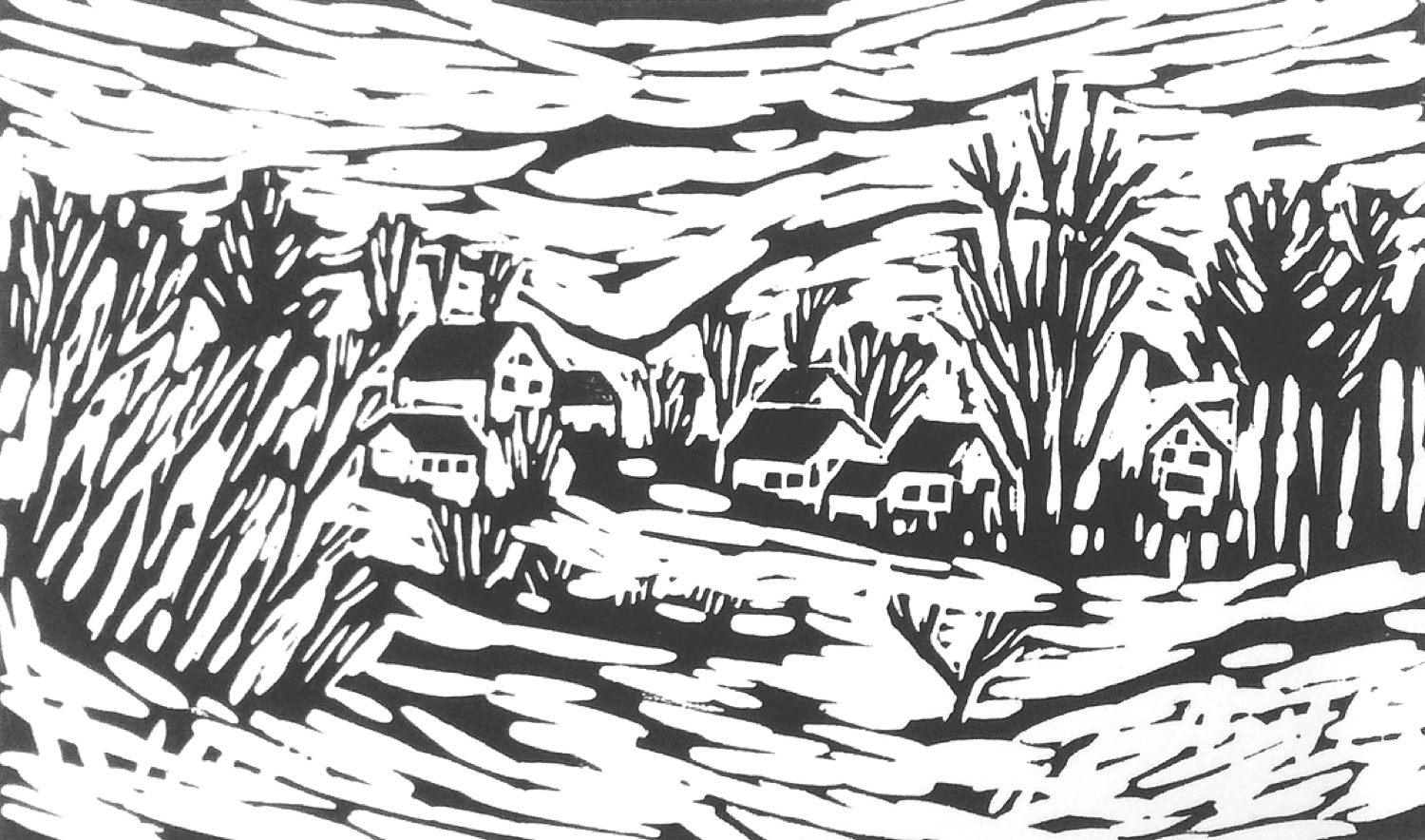 Clare Adams Townshend Village (artist proof) 2018 Block-print on paper (framed) 6.5 x 11 in