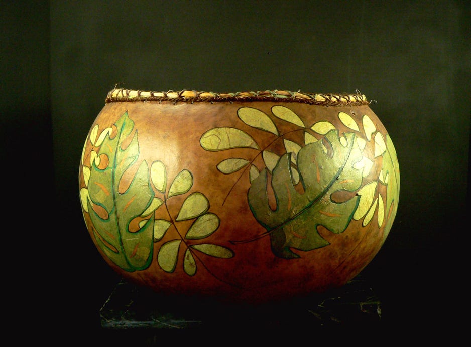 kim-grall_leaf-bowl_2019_flat-bushel-gourd-with-paper-and-cordage_9x13x13in