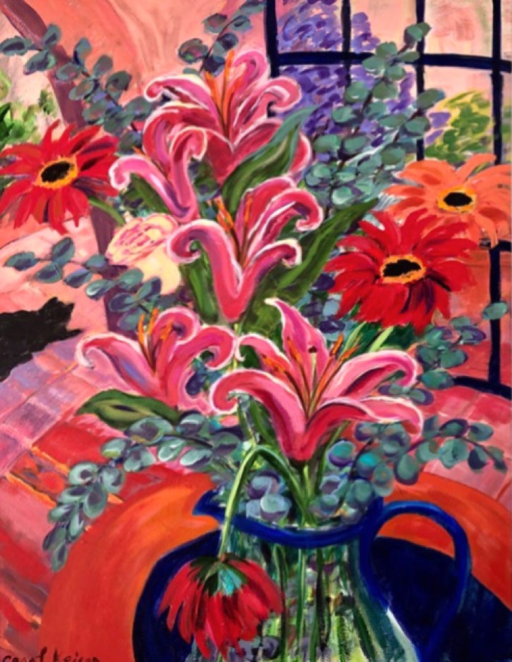 carol-keiser_bouquet-in-pinks-with-cat_2019_acrylic-on-canvas_35x27in