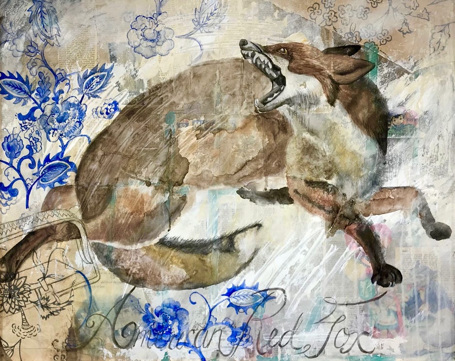 Jeanette Staley American Red Fox 2022 Collage, acrylic watercolor and graphite on board 20 x 30 in $3000