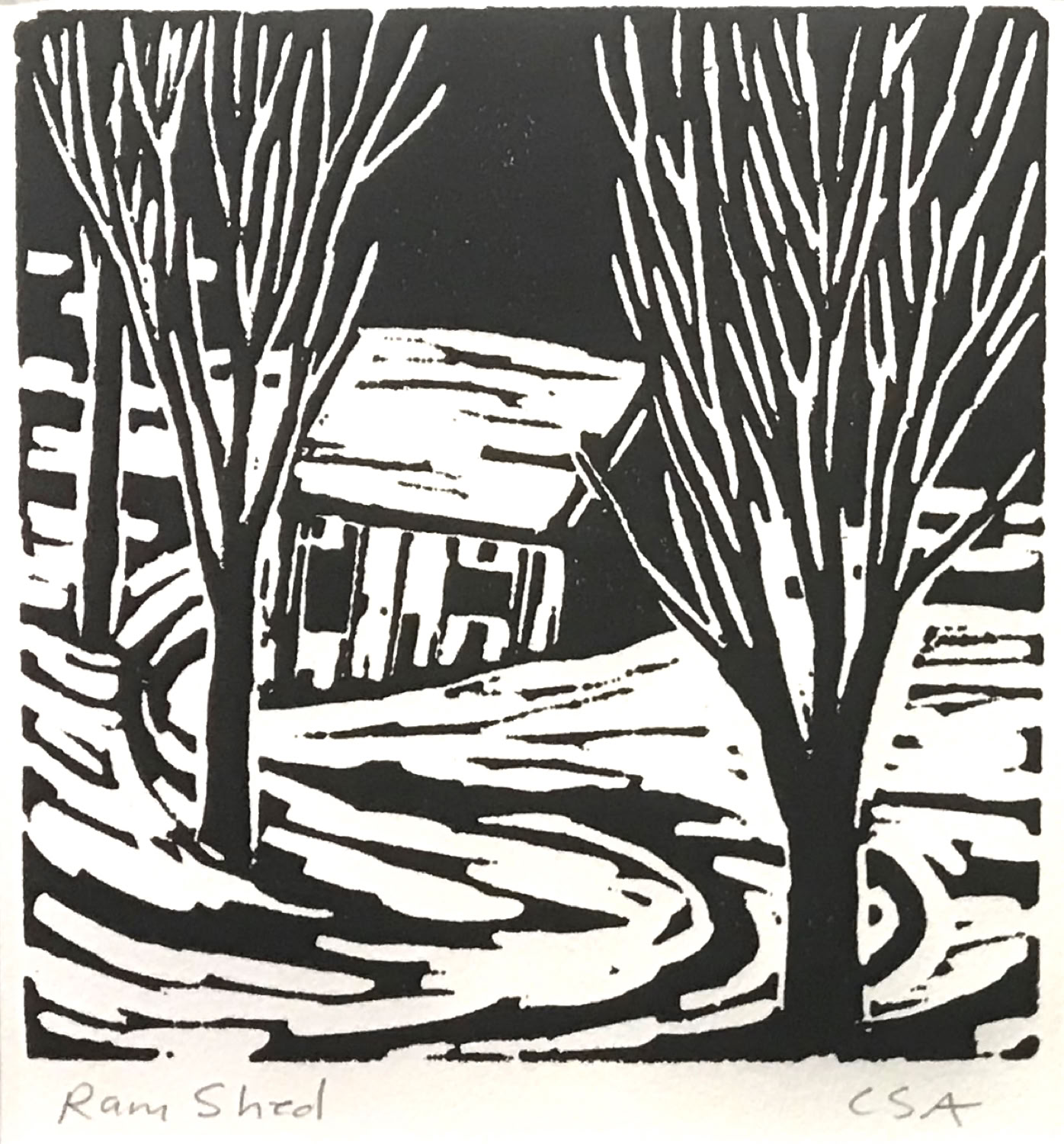 Clare Adams Ram Shack 2018 Block-print on paper 7 x 7 in