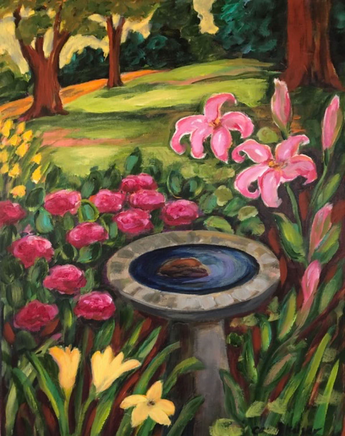 Carol Keiser Summer Garden with Birdbath