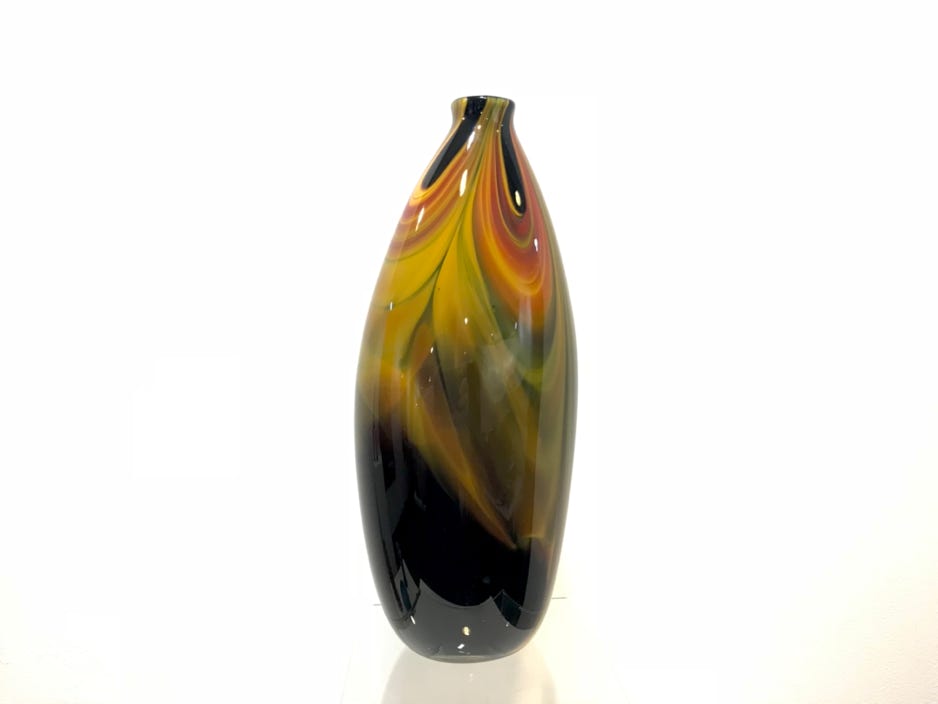Robert Burch Round Black, Orange & Yellow Swirl Vase 2019 Blown glass 7 x 5.5 x 5.5 in