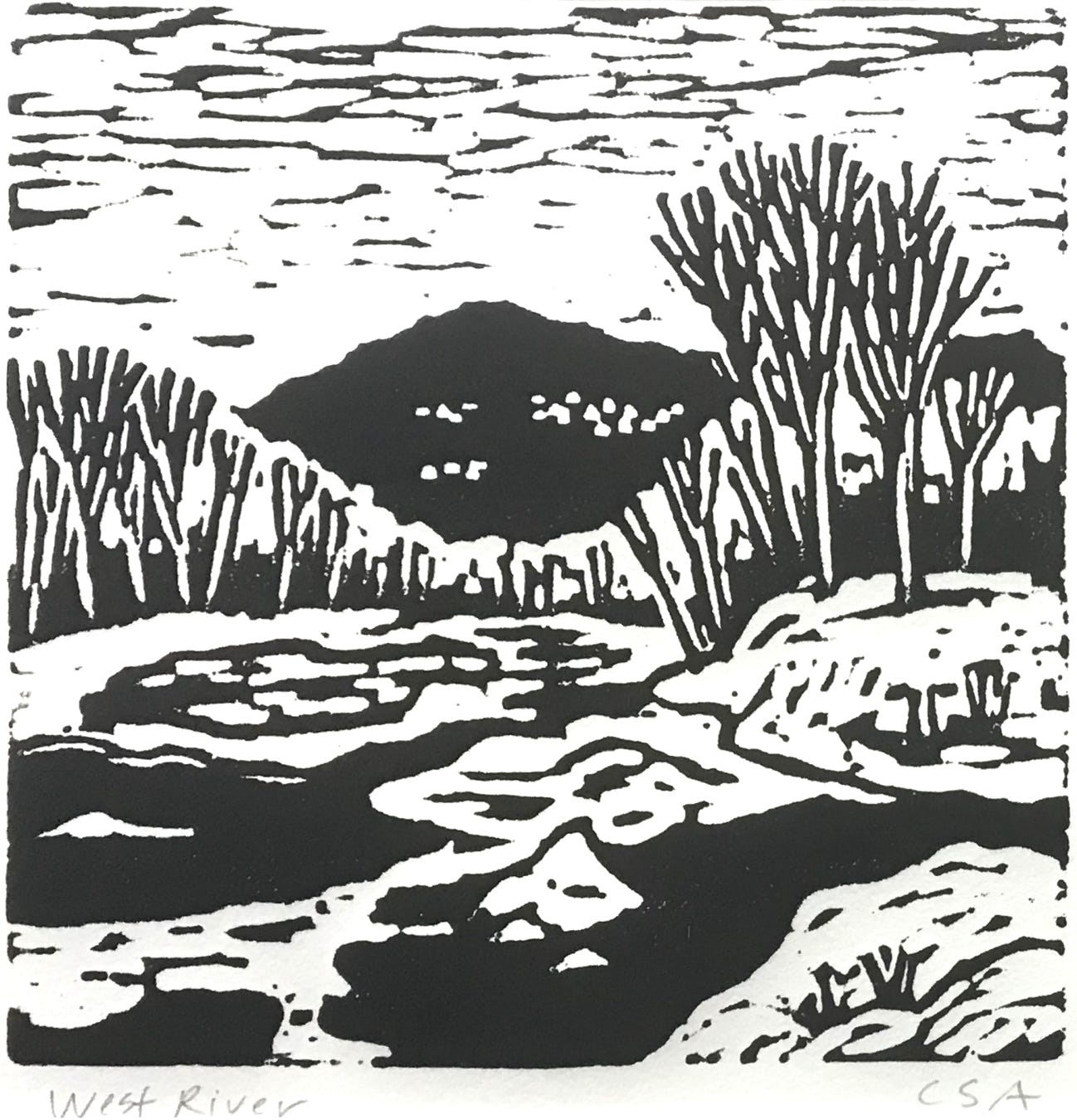 Clare Adams West River 2018 Block-print on paper (framed) 8 x 8 in