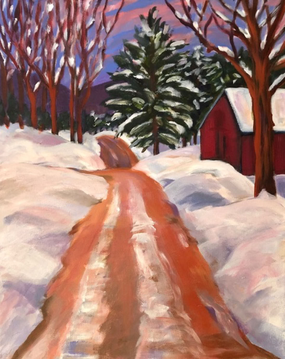 Carol Keiser Red Barn on Snowy Road