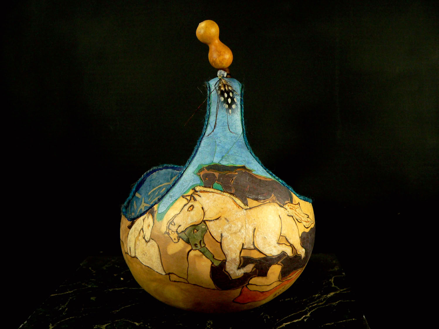 kim-grall_horse-basket_2019_martin-gourd-with-paper-_11x7x7in.