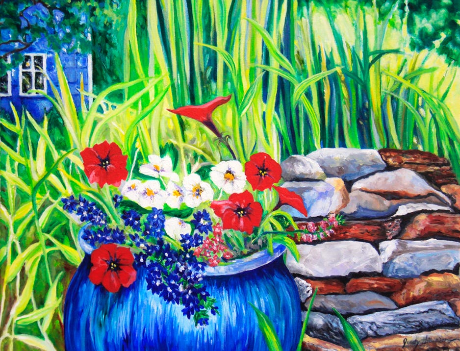 Judy Hawkins Petunias and Bamboo oil on canvas