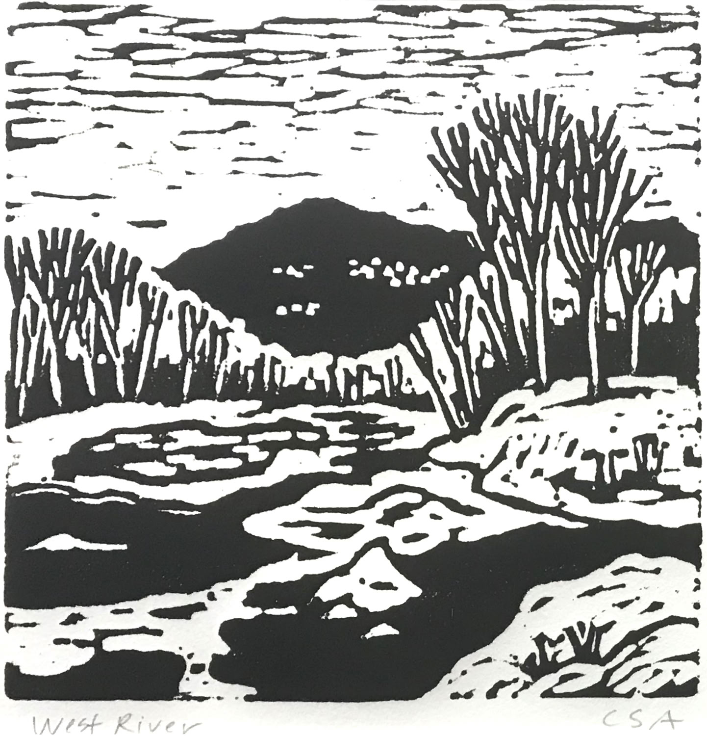 Clare Adams West River 2018 Block-print on paper (framed) 8 x 8 in