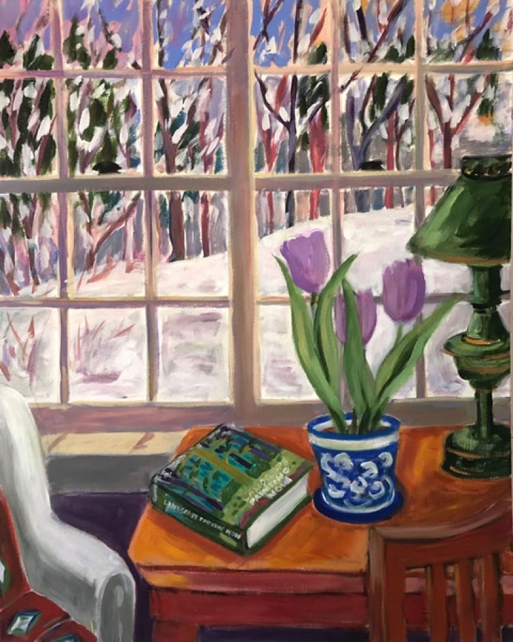 Carol Keiser Tulips Inside, Snow Outside