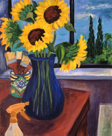 carol-keiser_sunflowers-with-cypress-trees_2020_acrylic-on-canvas_23x19in