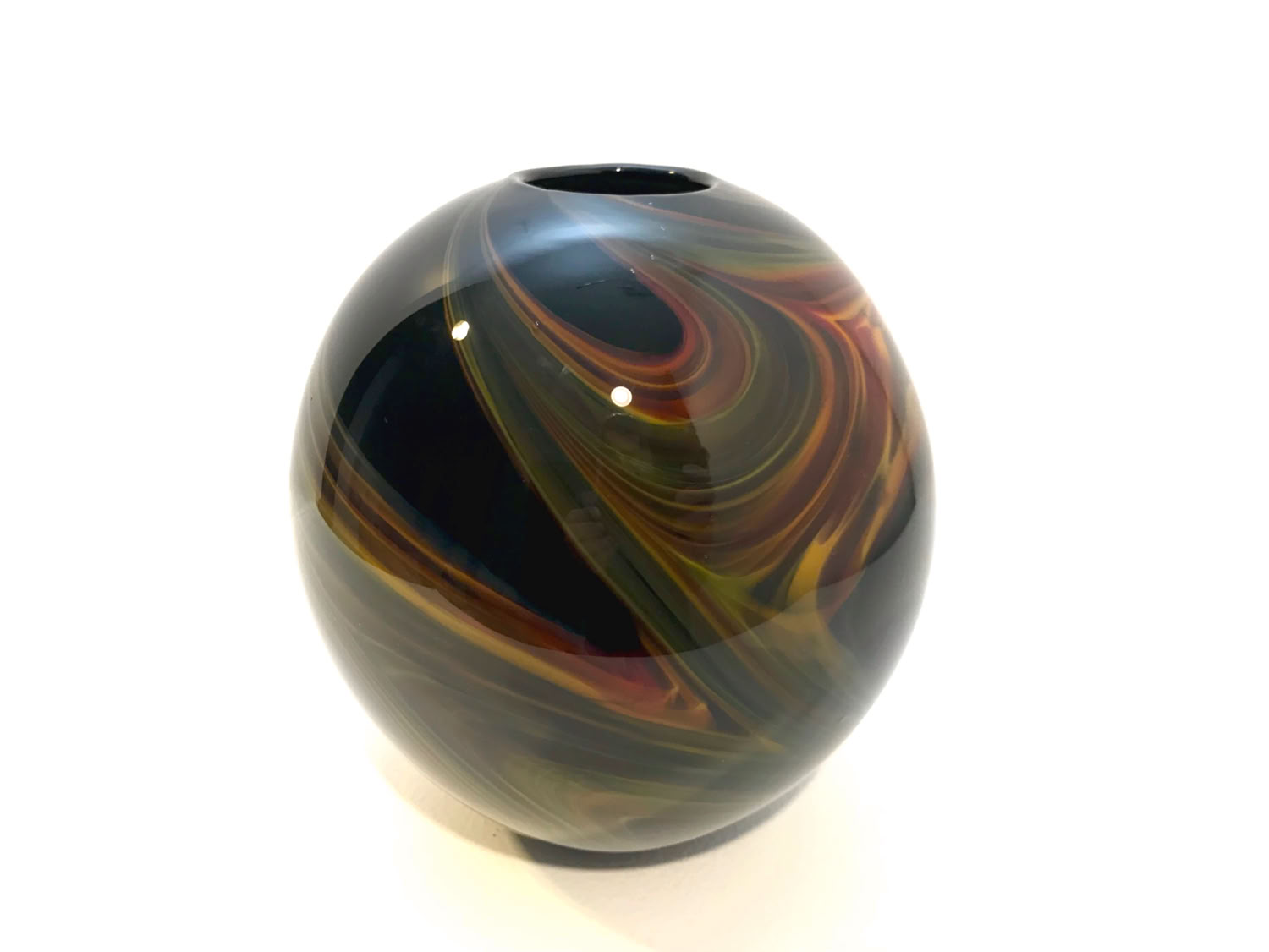 Robert Burch Round Black, Orange & Yellow Swirl Vase