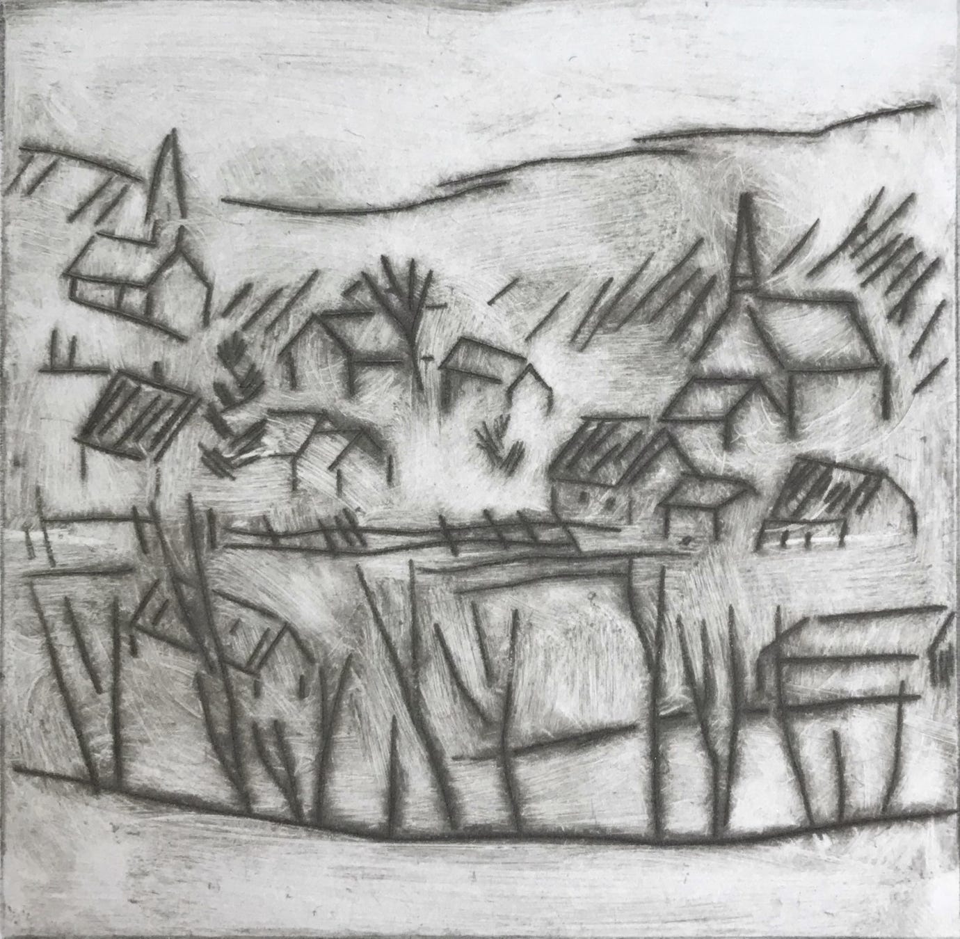 Clare Adams Grafton Overlook 2 2019 Drypoint etching on paper (framed) 4 x 4 in