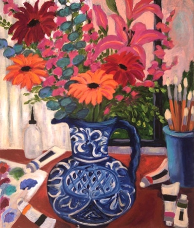 carol-keiser_work-table-with-vase-of-flowers_2020_acrylic-on-canvas_23x19in