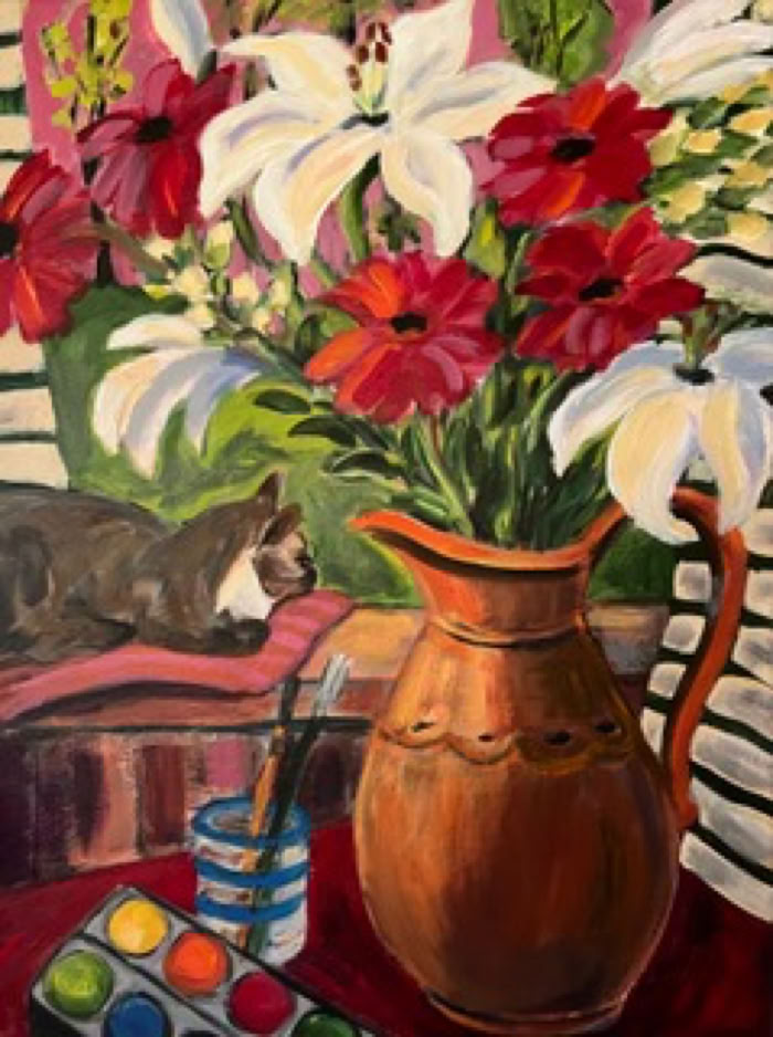 Carol Keiser Lillies with Cat 2023 acrylic on canvas 24 x 18 in $1500